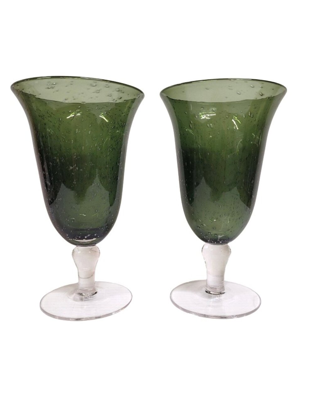 Artland Iris Sage Iced Tea Goblet 2 Hand-Blown Green Glass Seeded Bubbles Stem